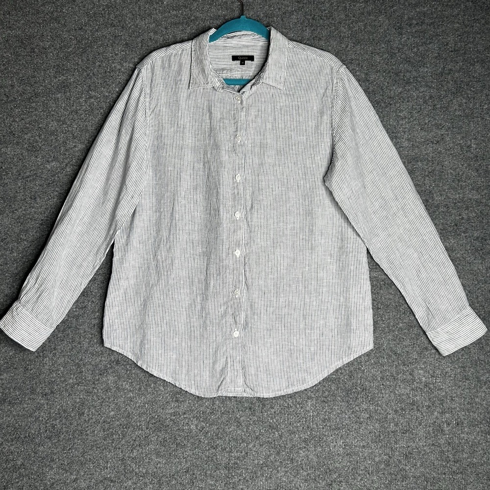 Quince Striped Long Sleeve Button Up Shirt Women Size Medium Linen